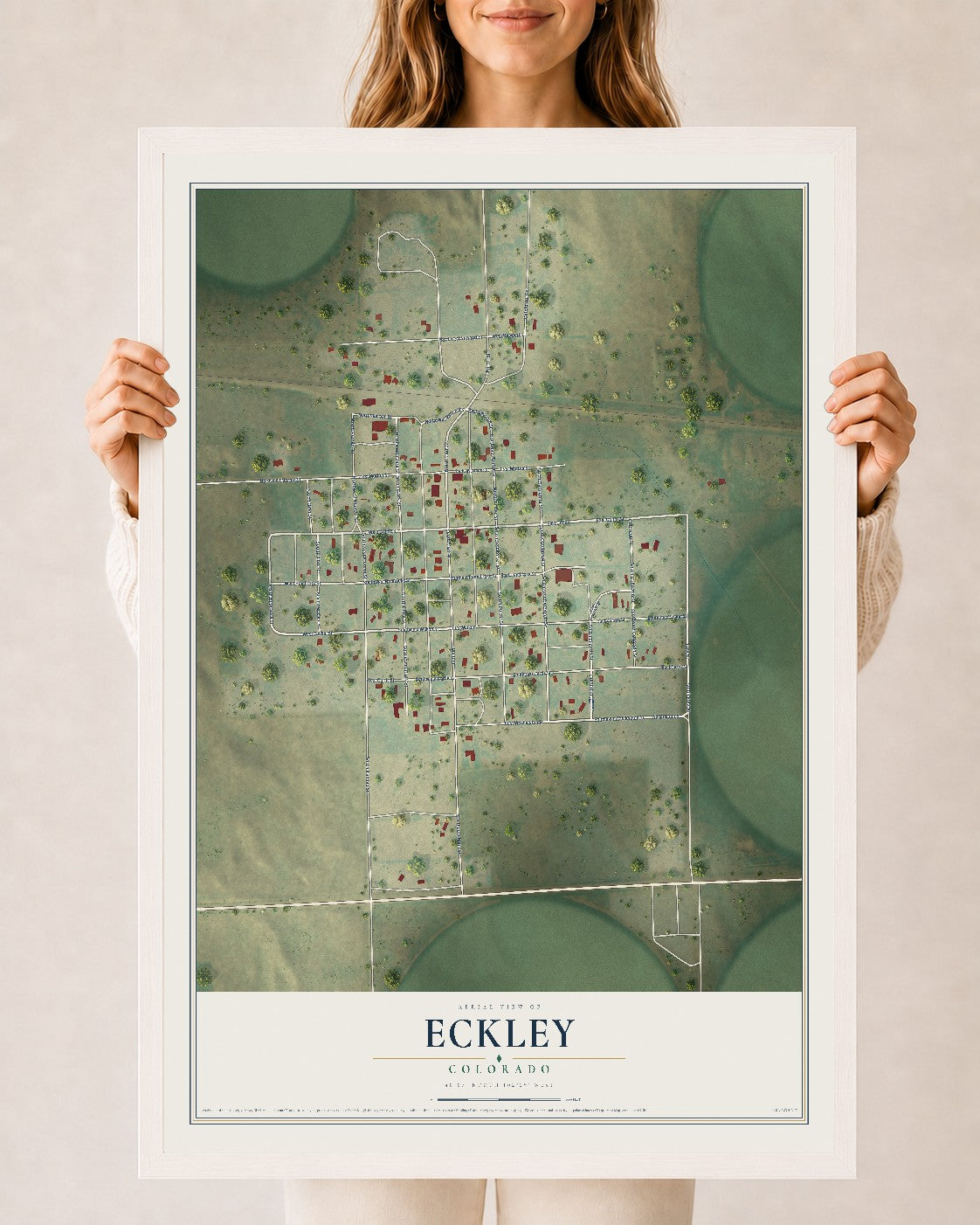 Map of Eckley, Colorado, 24 x 36 inch print in a white wood frame