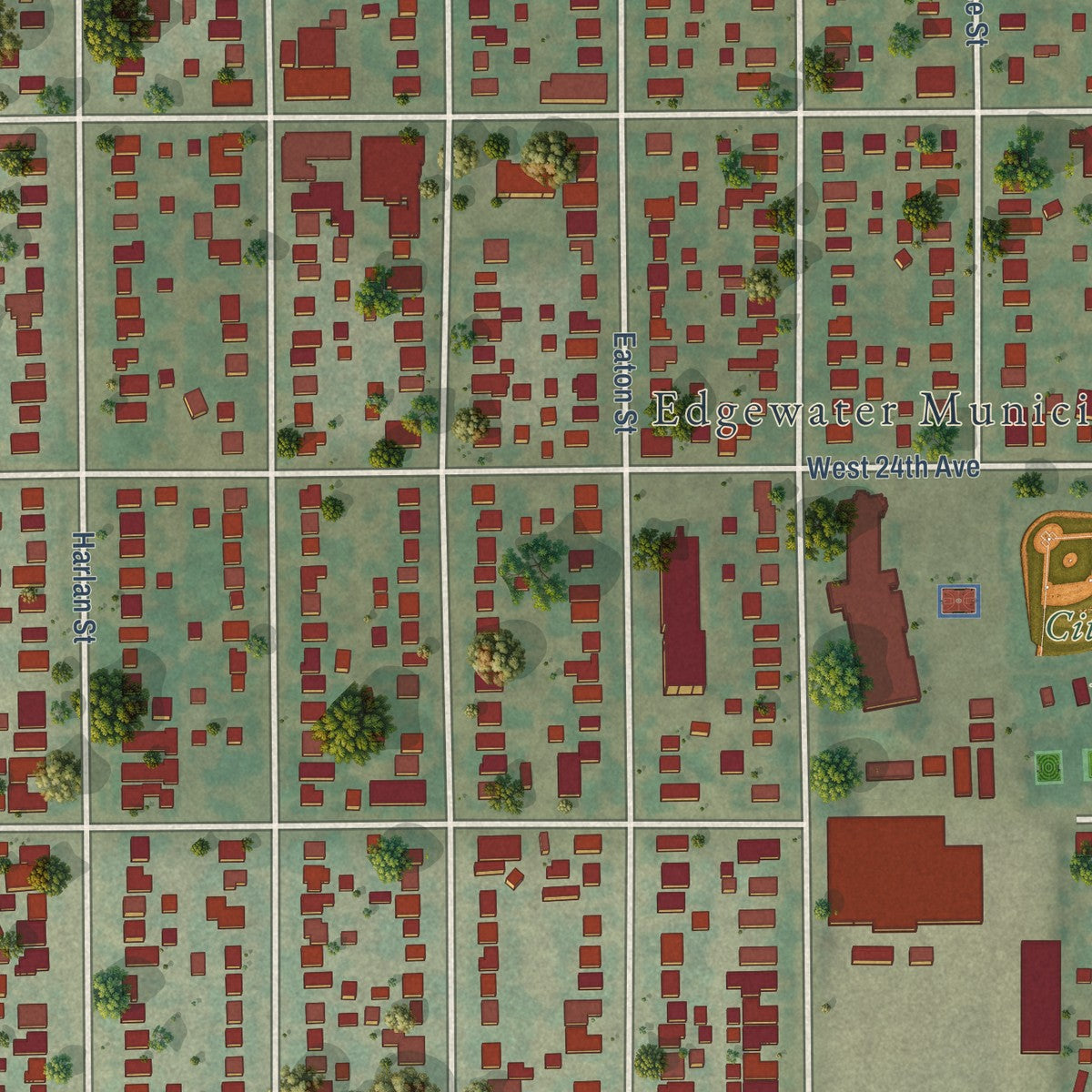 Second close-up of the map of Edgewater, Colorado print showing more streets and buildings