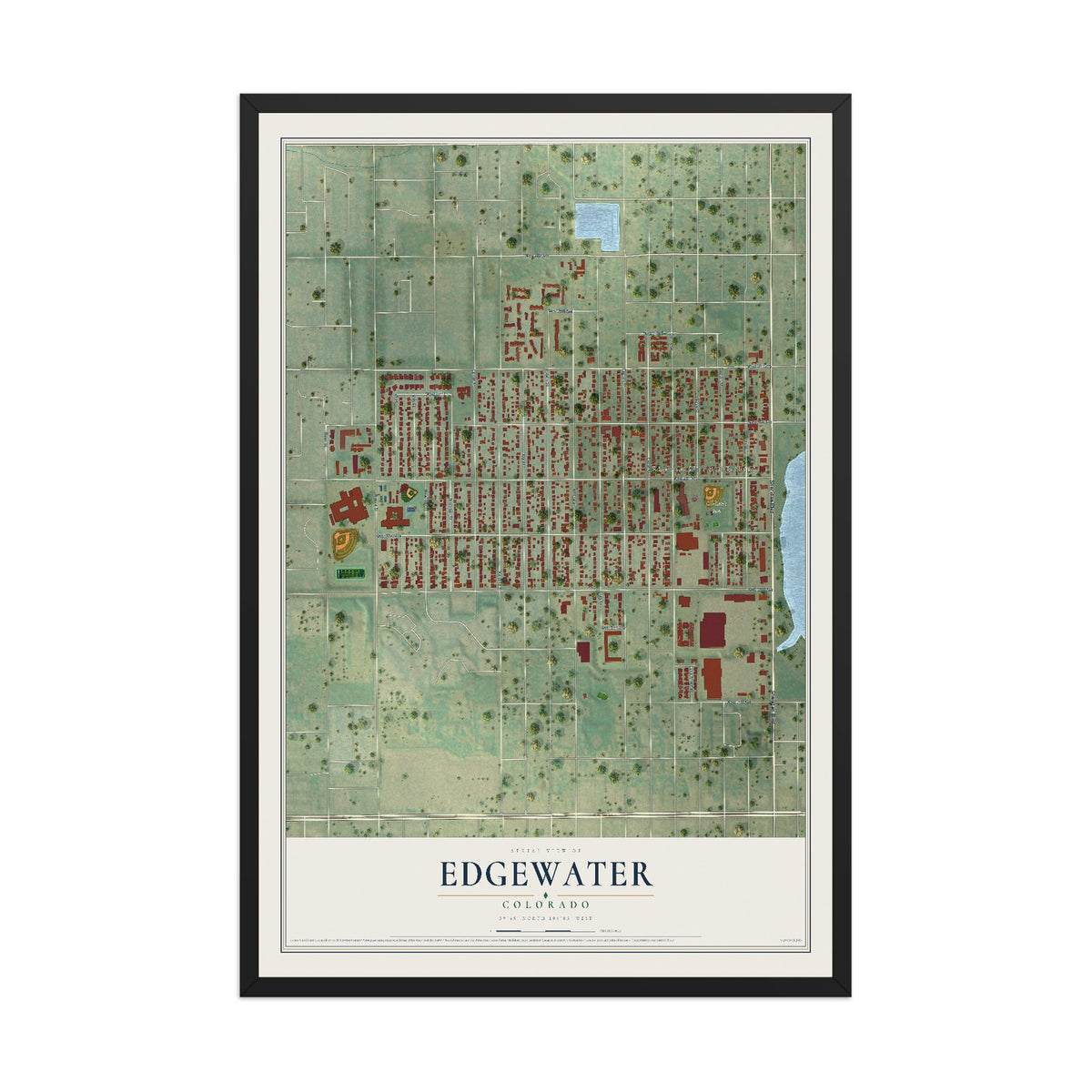 Map of Edgewater, Colorado, 12 x 18 inch print in a black wood frame