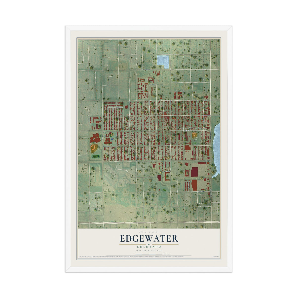 Map of Edgewater, Colorado, 12 x 18 inch print in a white wood frame