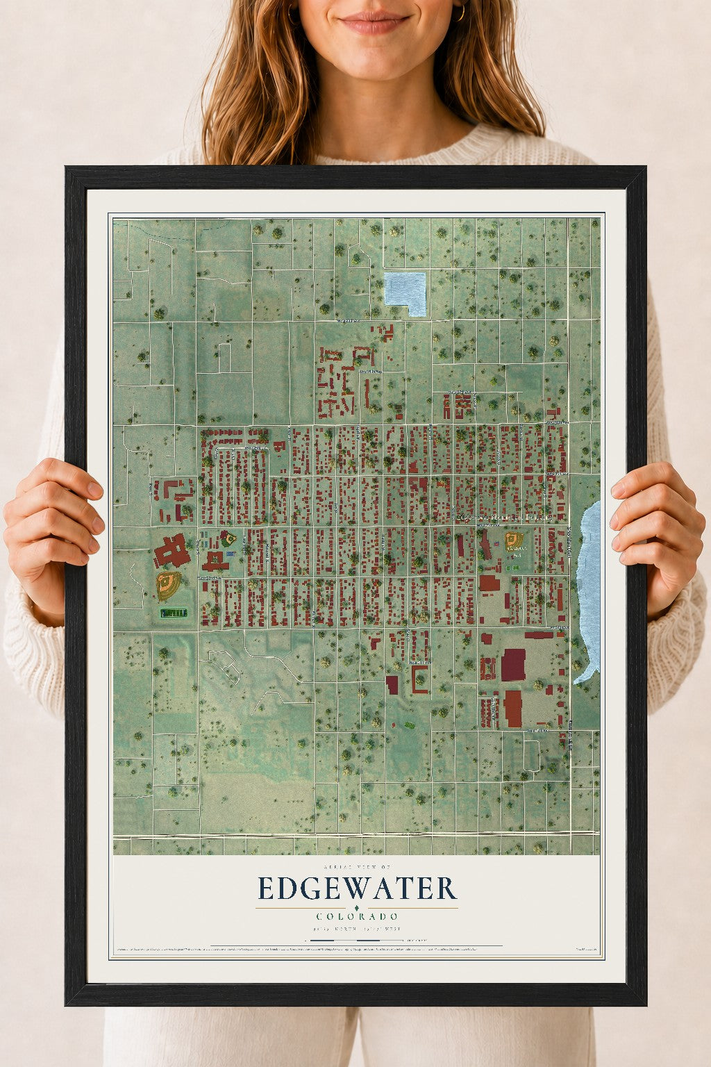 Map of Edgewater, Colorado, 18 x 24 inch print in a black wood frame