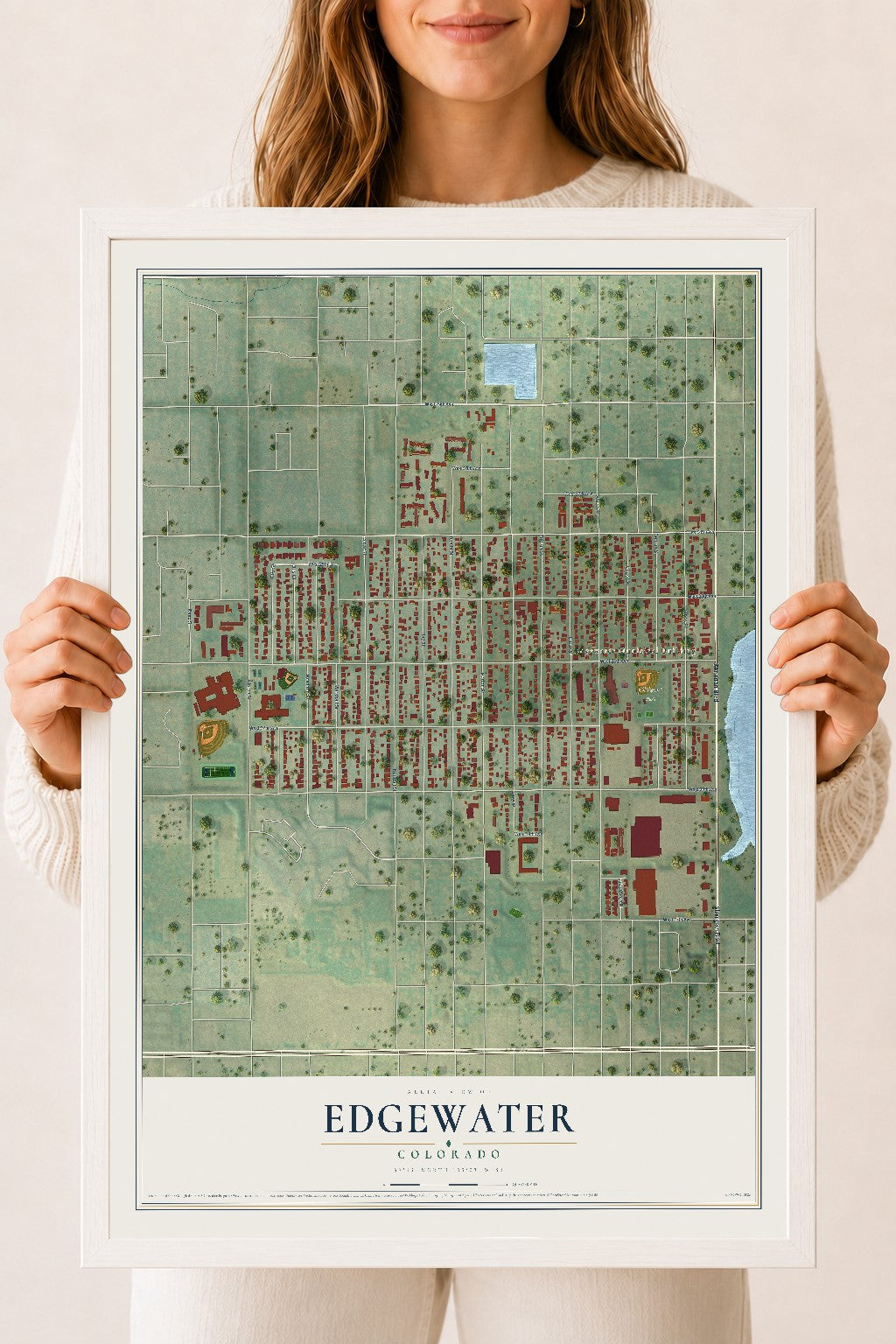 Map of Edgewater, Colorado, 18 x 24 inch print in a white wood frame