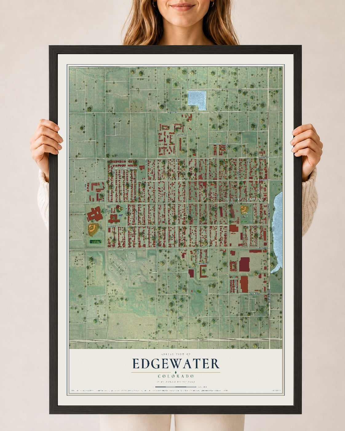 Map of Edgewater, Colorado, 24 x 36 inch print in a black wood frame