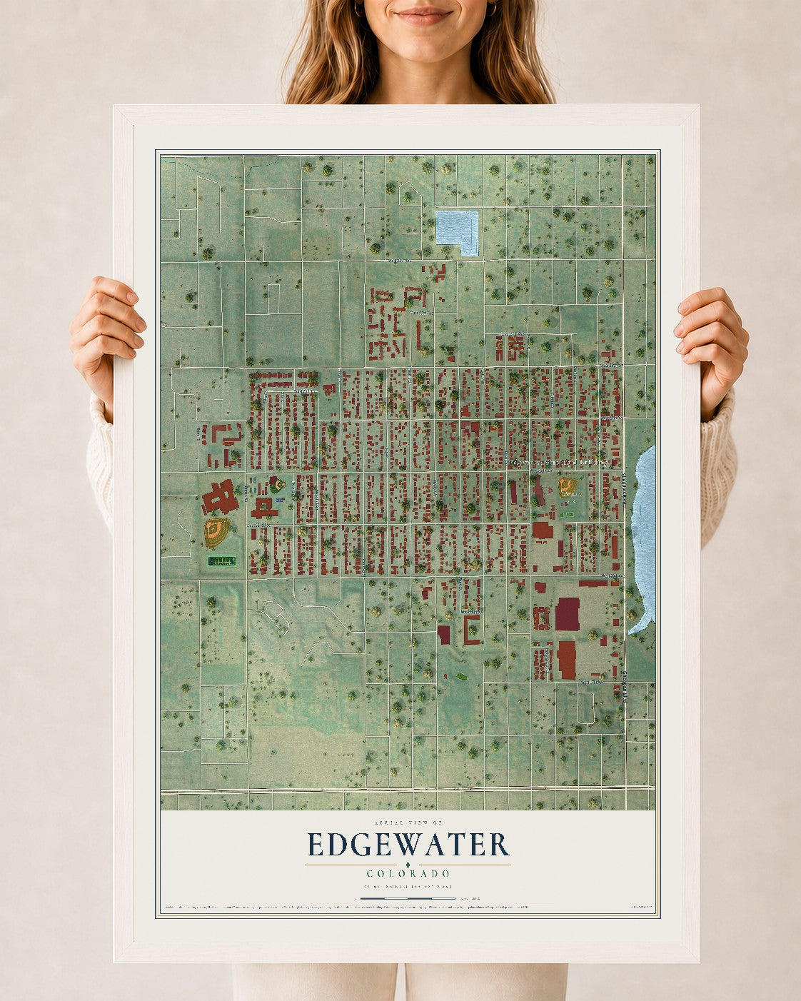 Map of Edgewater, Colorado, 24 x 36 inch print in a white wood frame