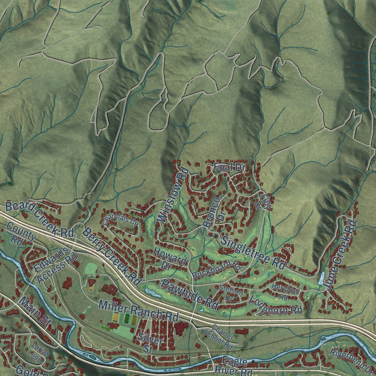 Close-up of the map of Edwards, Colorado print showing street and building detail