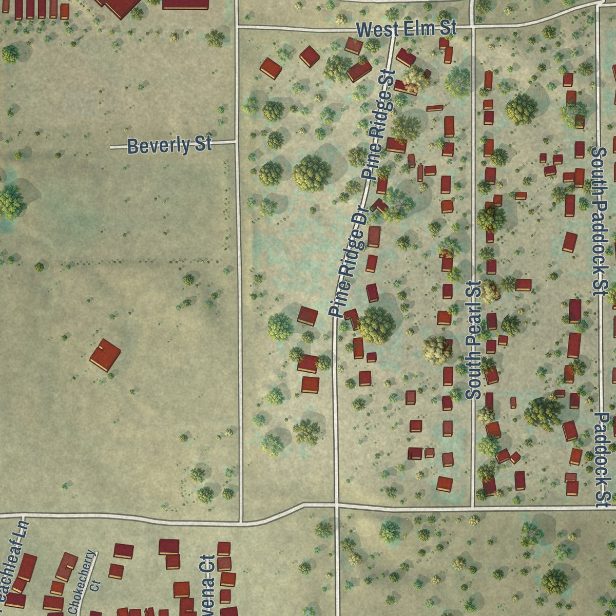 Second close-up of the map of Elizabeth, Colorado print showing more streets and buildings