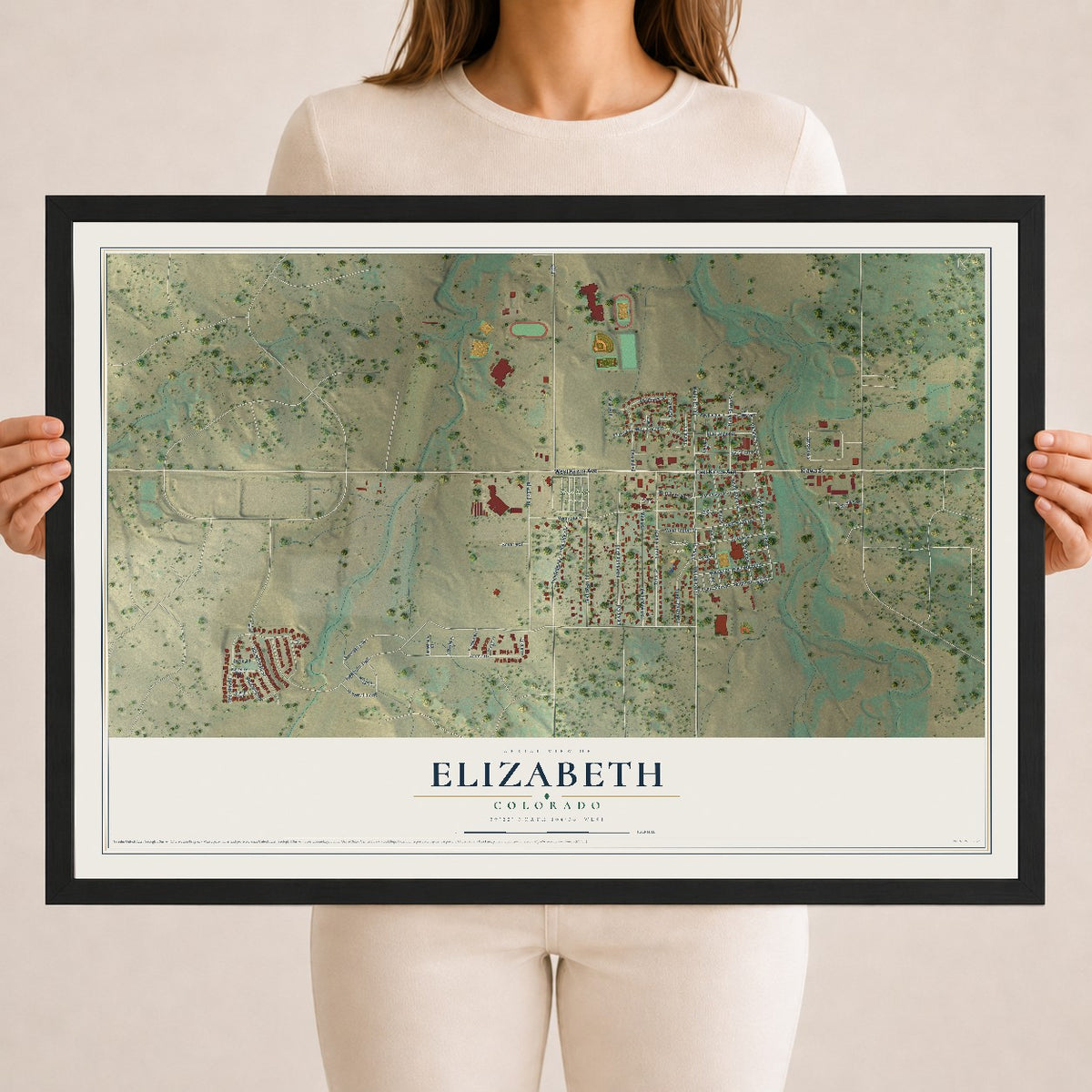 Map of Elizabeth, Colorado, 18 x 24 inch print in a black wood frame