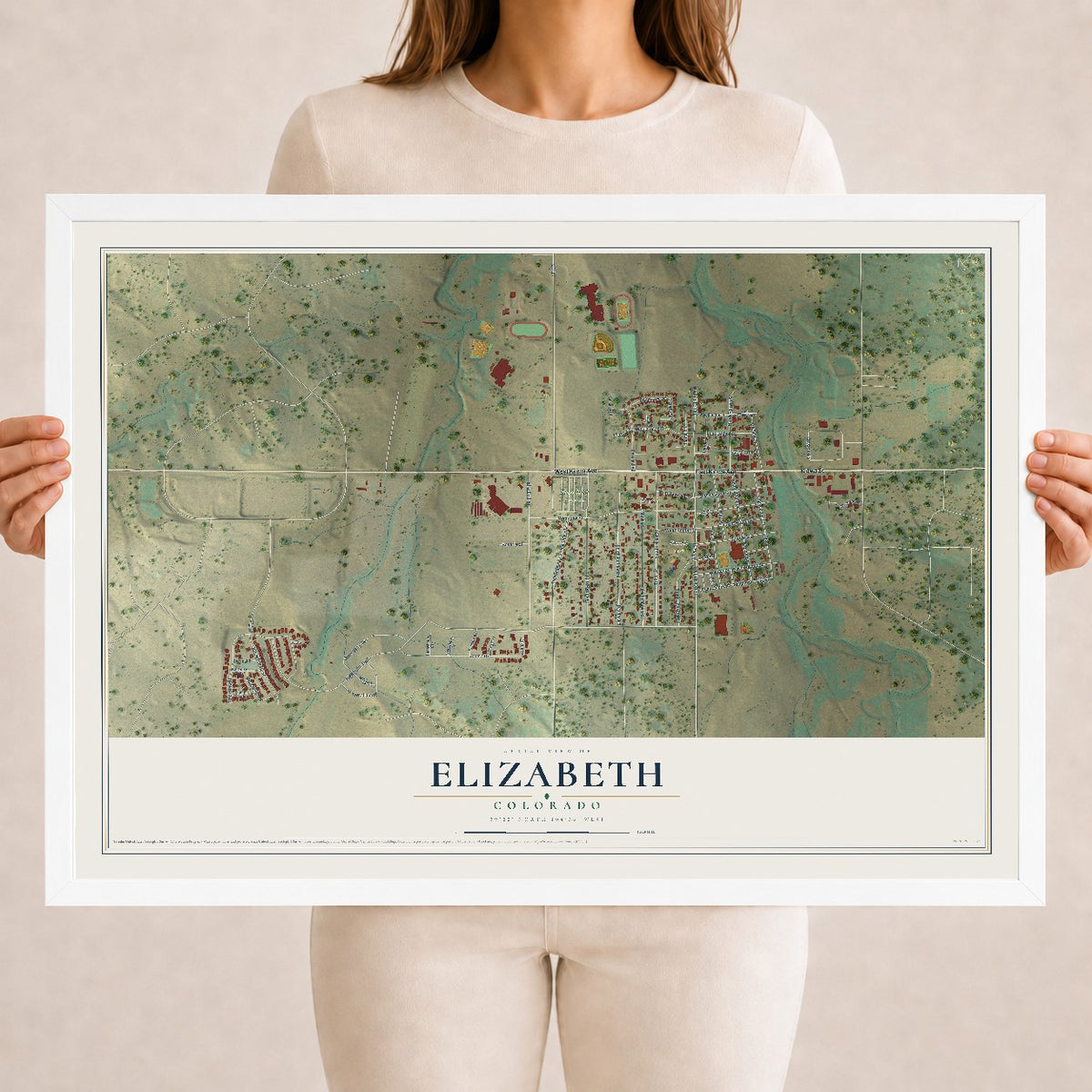 Map of Elizabeth, Colorado, 18 x 24 inch print in a white wood frame