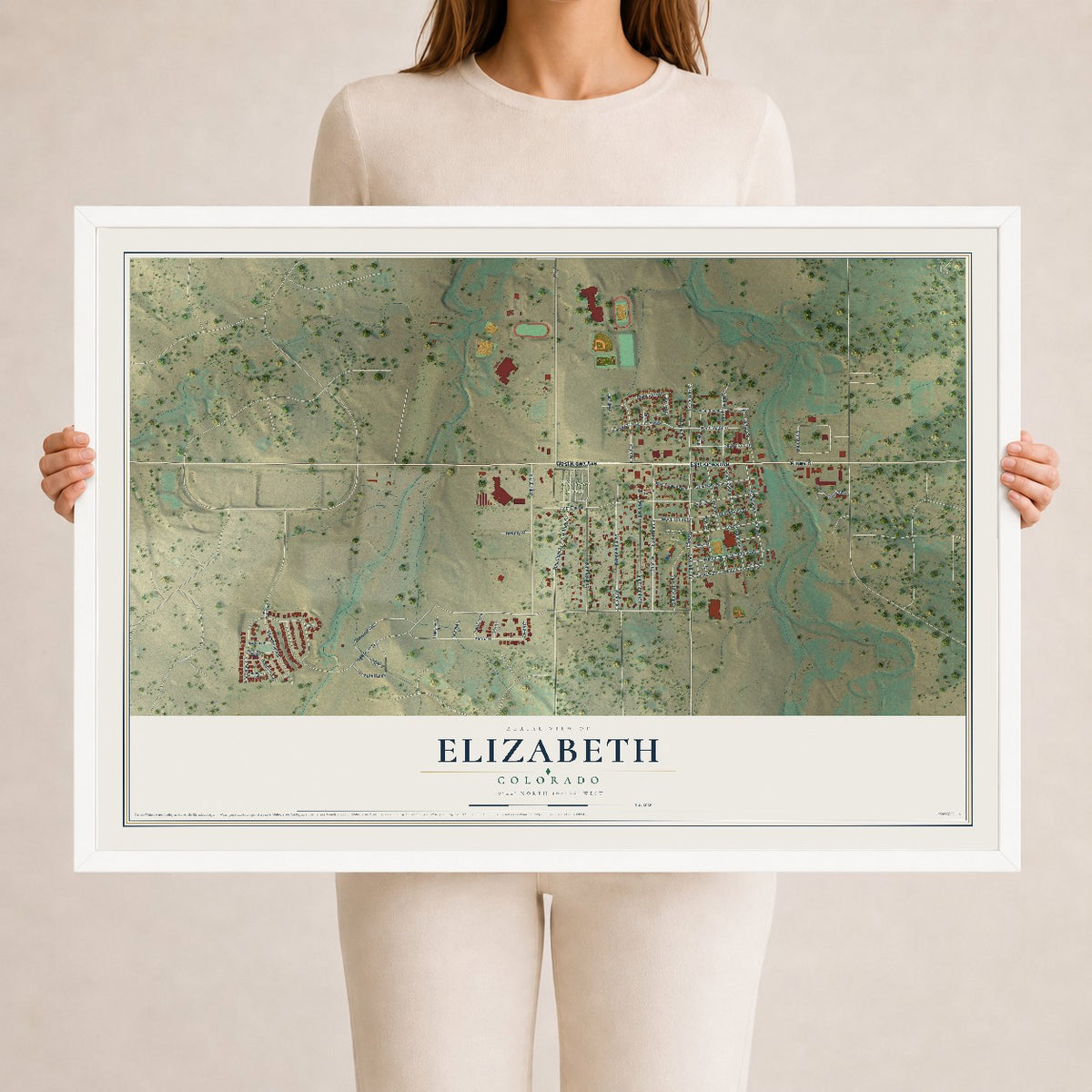 Map of Elizabeth, Colorado, 24 x 36 inch print in a white wood frame