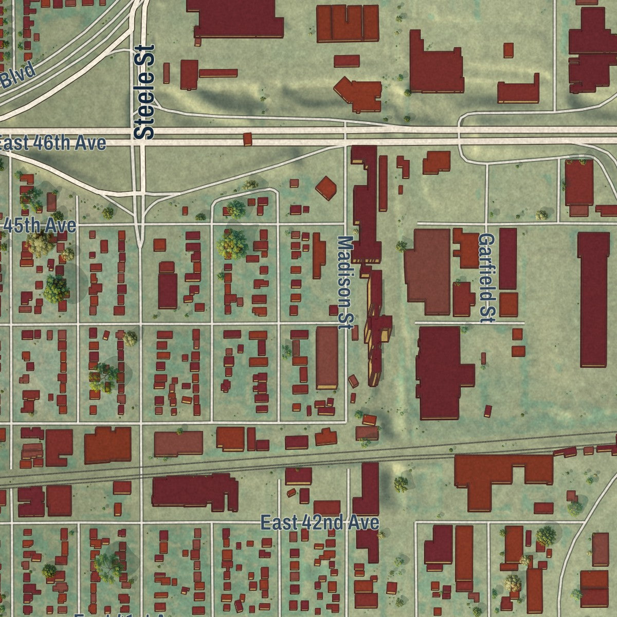 Close-up of the map of Elyria Swansea, Colorado print showing street and building detail