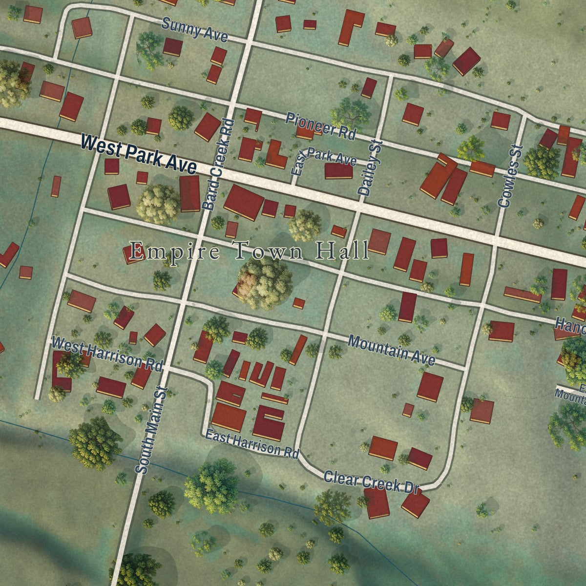 Close-up of the map of Empire, Colorado print showing street and building detail
