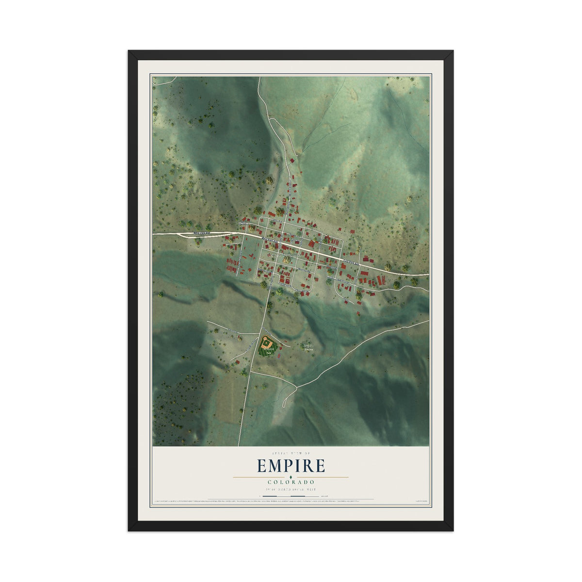 Map of Empire, Colorado, 12 x 18 inch print in a black wood frame