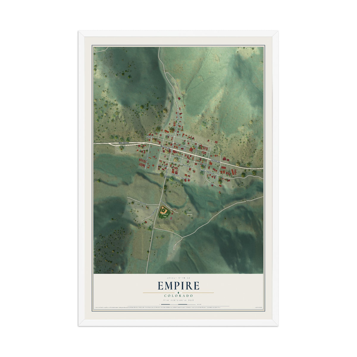 Map of Empire, Colorado, 12 x 18 inch print in a white wood frame