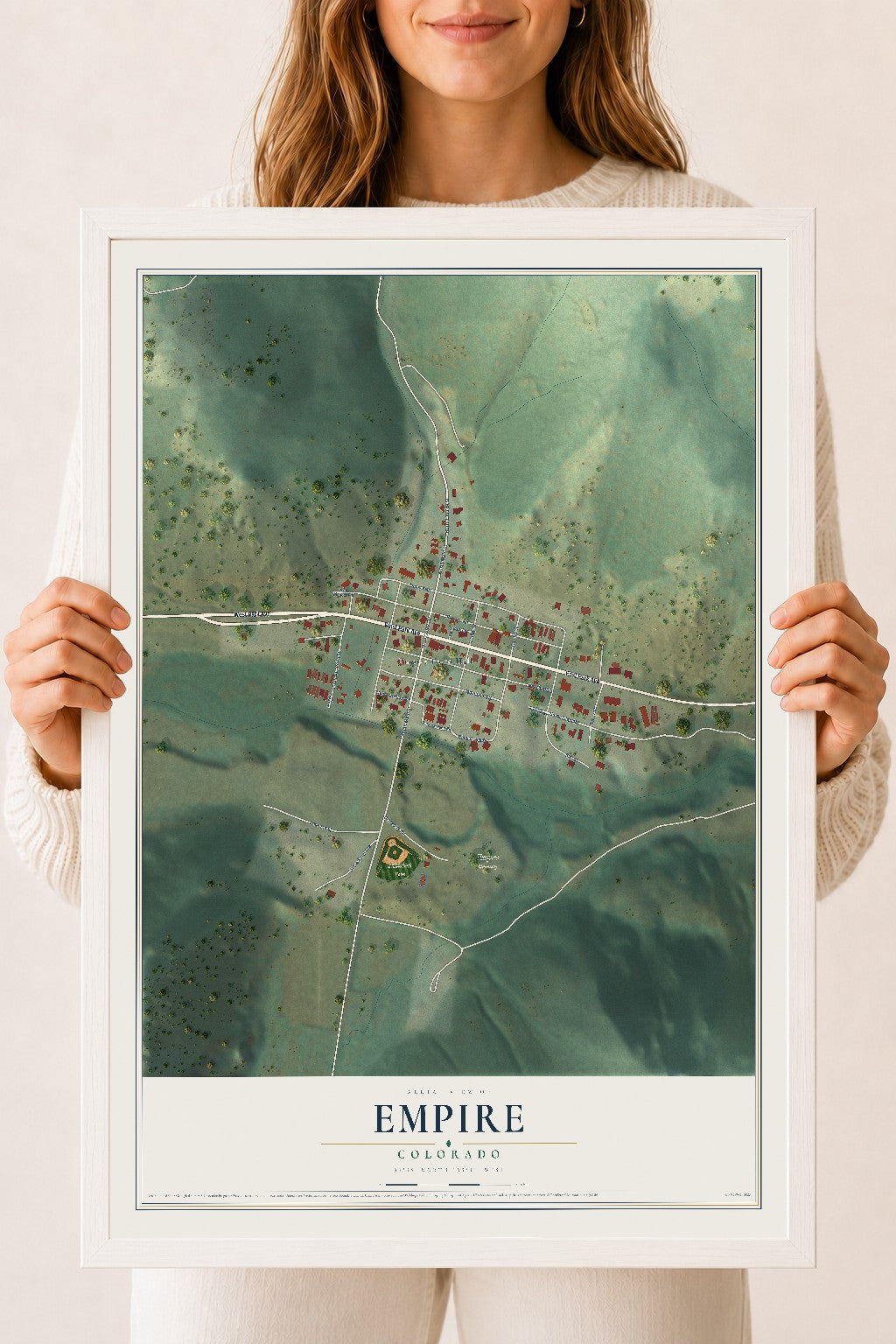 Map of Empire, Colorado, 18 x 24 inch print in a white wood frame