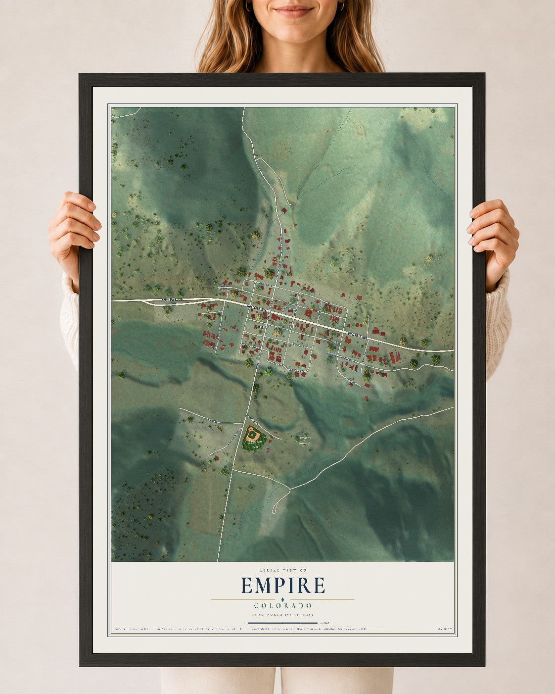 Map of Empire, Colorado, 24 x 36 inch print in a black wood frame