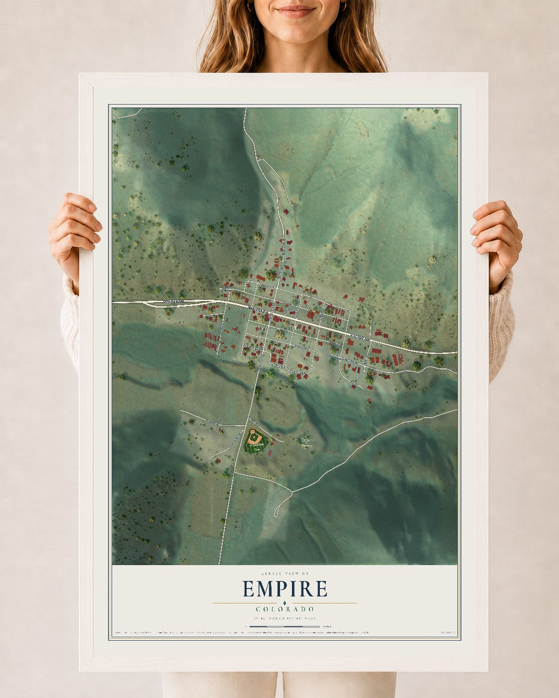 Map of Empire, Colorado, 24 x 36 inch print in a white wood frame