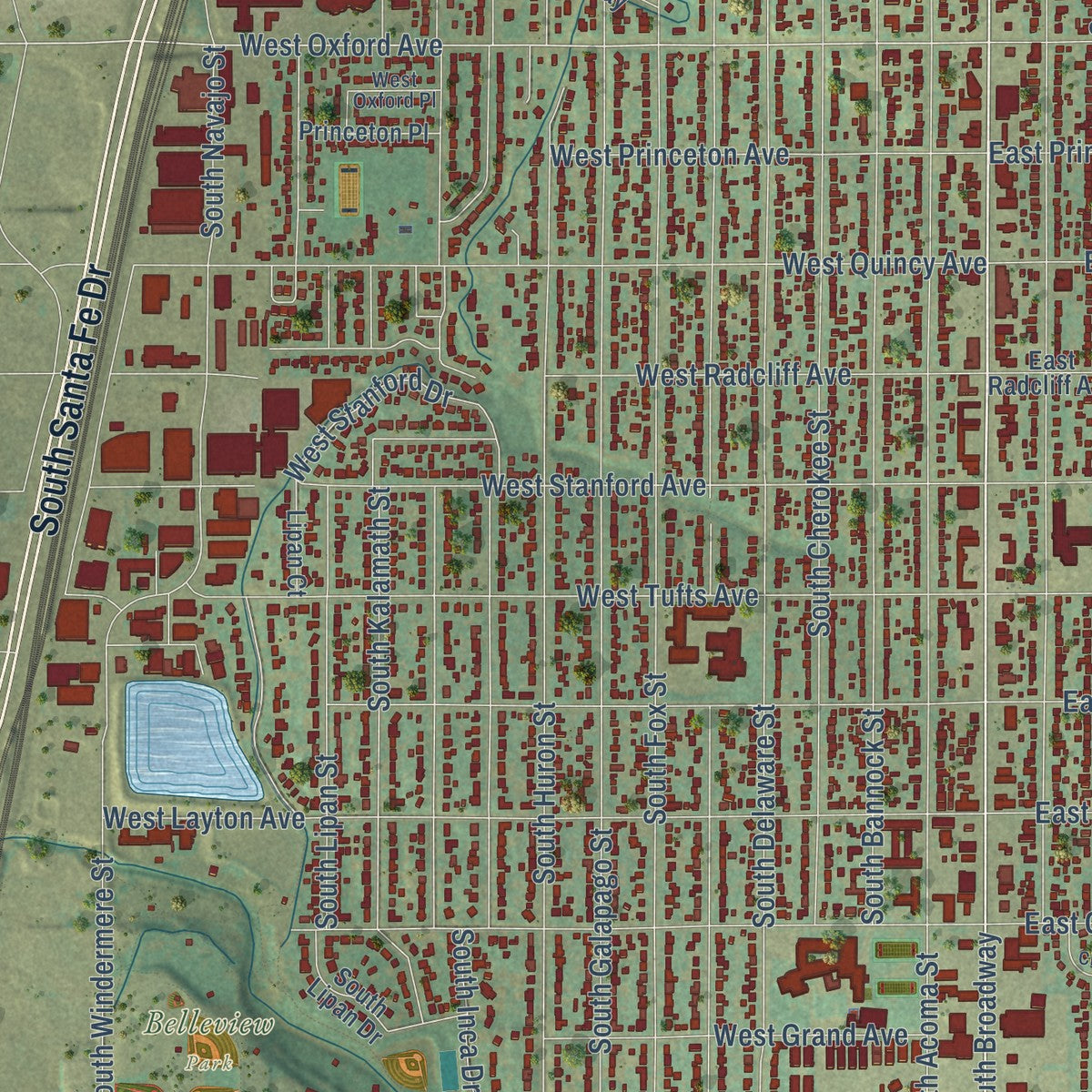 Close-up of the map of Englewood, Colorado print showing street and building detail