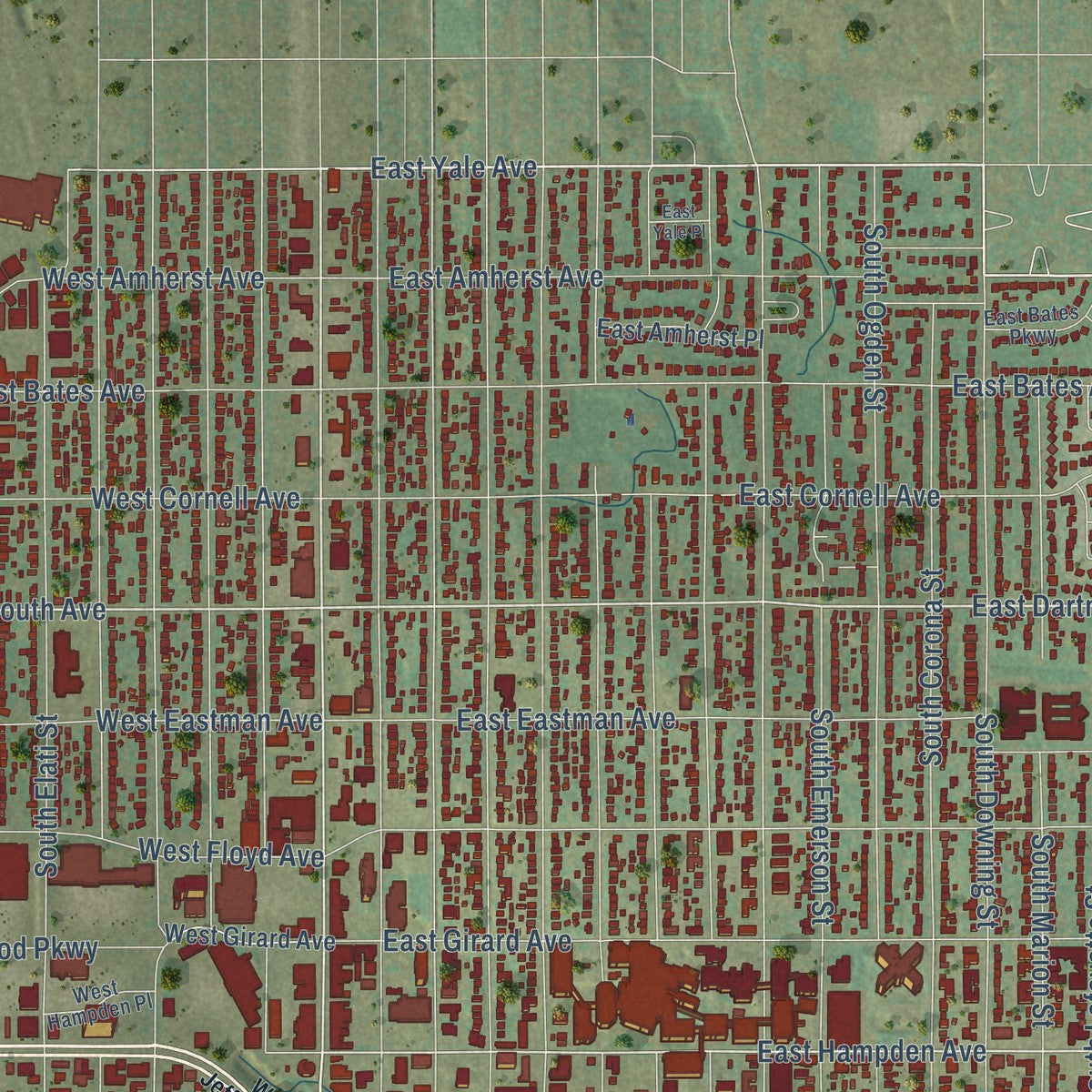 Second close-up of the map of Englewood, Colorado print showing more streets and buildings