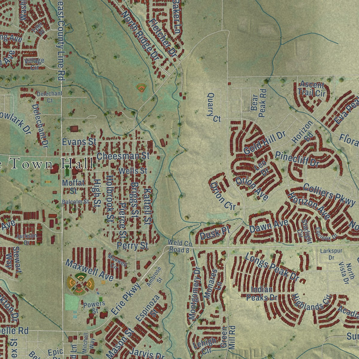 Close-up of the map of Erie, Colorado print showing street and building detail