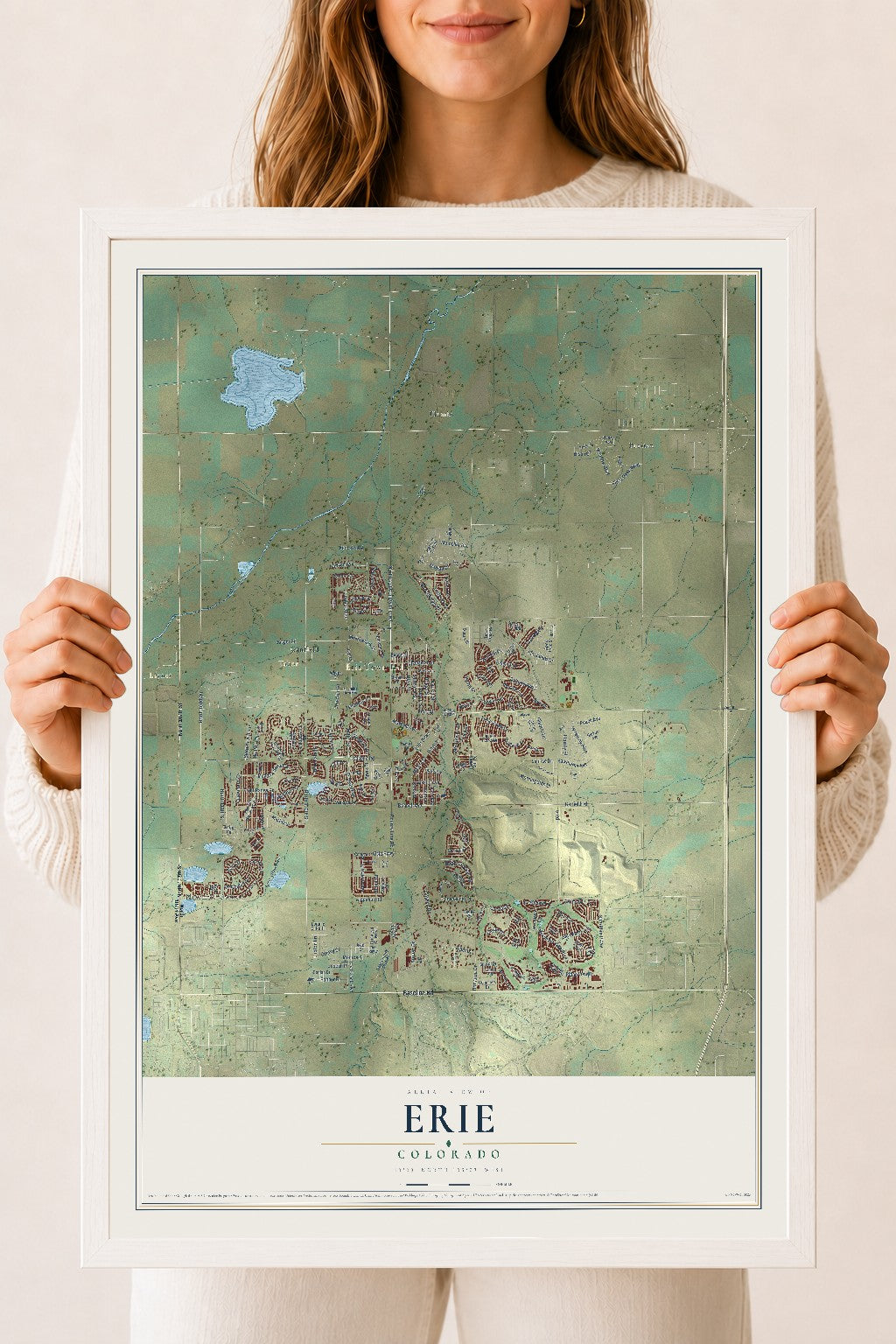 Map of Erie, Colorado, 18 x 24 inch print in a white wood frame