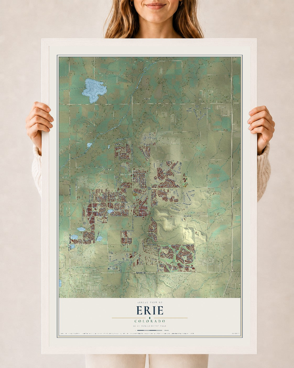 Map of Erie, Colorado, 24 x 36 inch print in a white wood frame