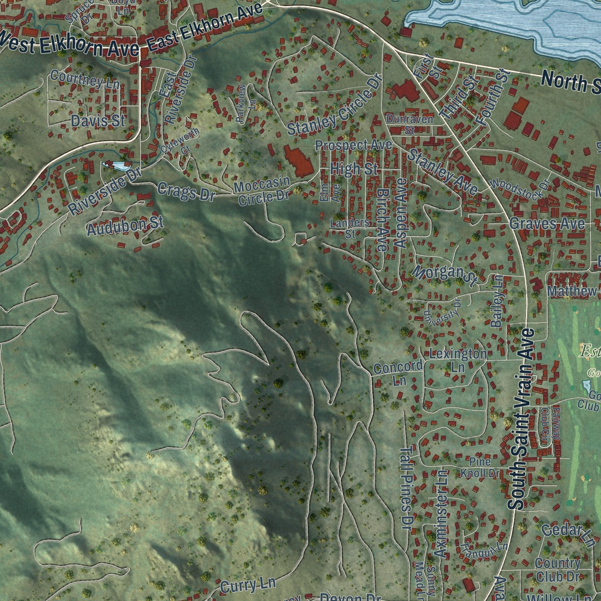 Close-up of the map of Estes Park, Colorado print showing street and building detail