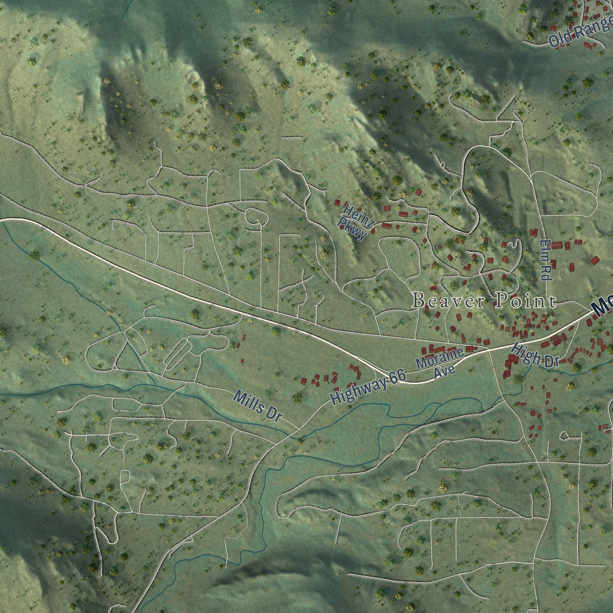Second close-up of the map of Estes Park, Colorado print showing more streets and buildings
