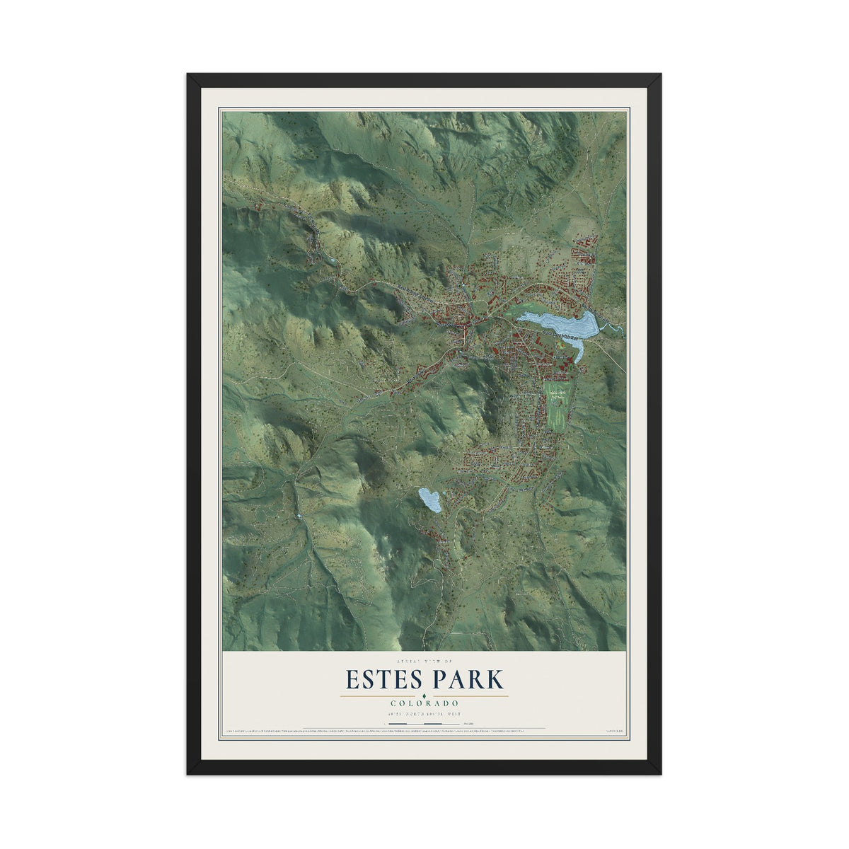 Map of Estes Park, Colorado, 12 x 18 inch print in a black wood frame