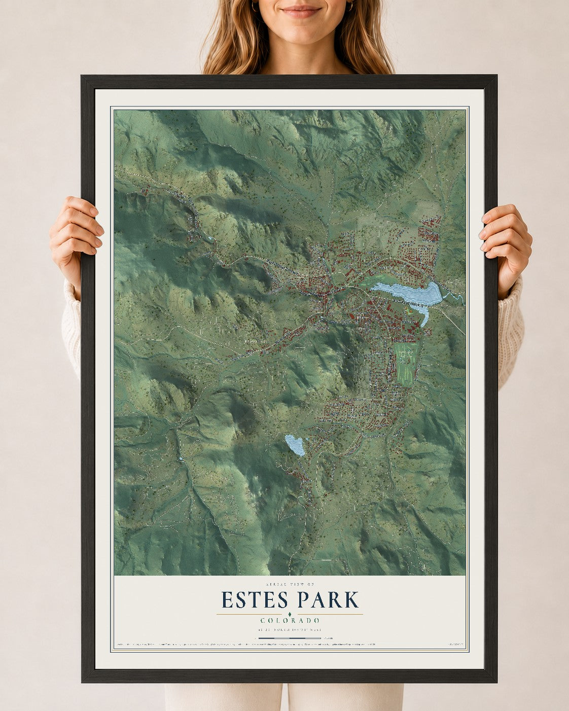 Map of Estes Park, Colorado, 24 x 36 inch print in a black wood frame