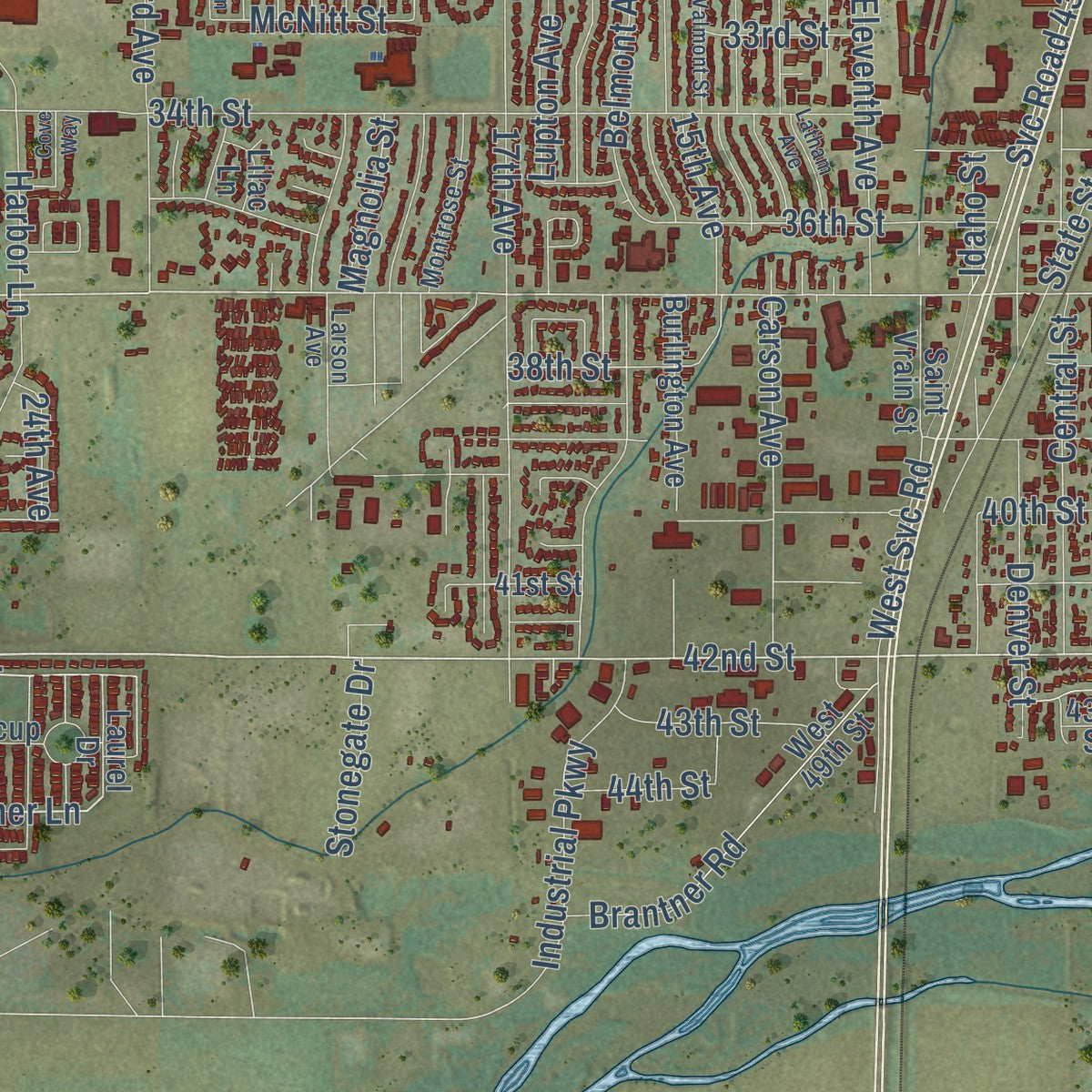 Close-up of the map of Evans, Colorado print showing street and building detail