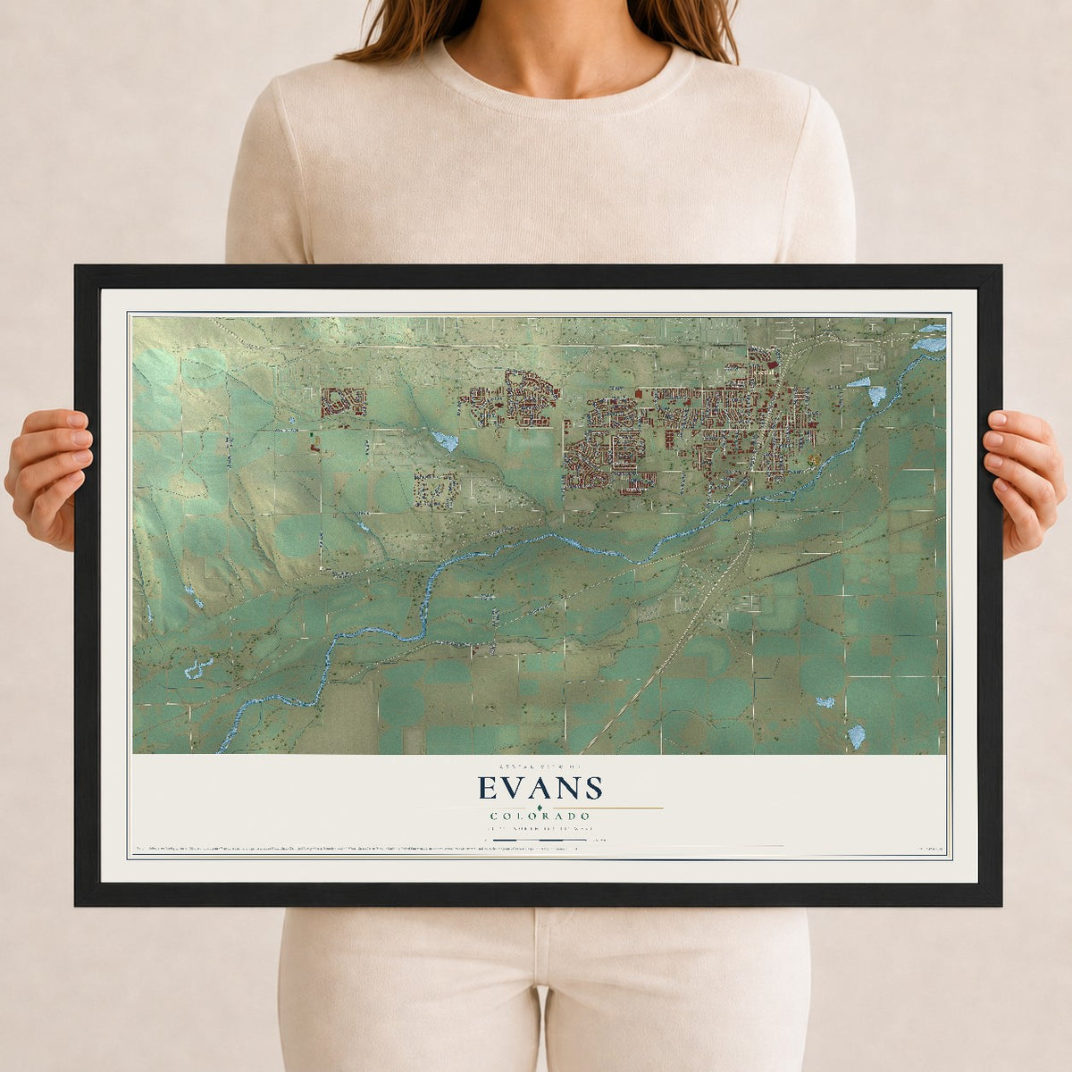 Map of Evans, Colorado, 12 x 18 inch print in a black wood frame