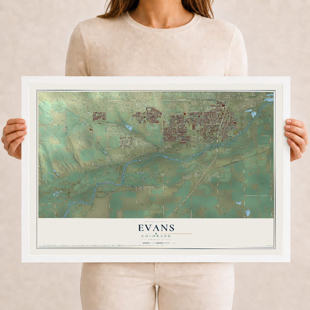 Map of Evans, Colorado, 12 x 18 inch print in a white wood frame