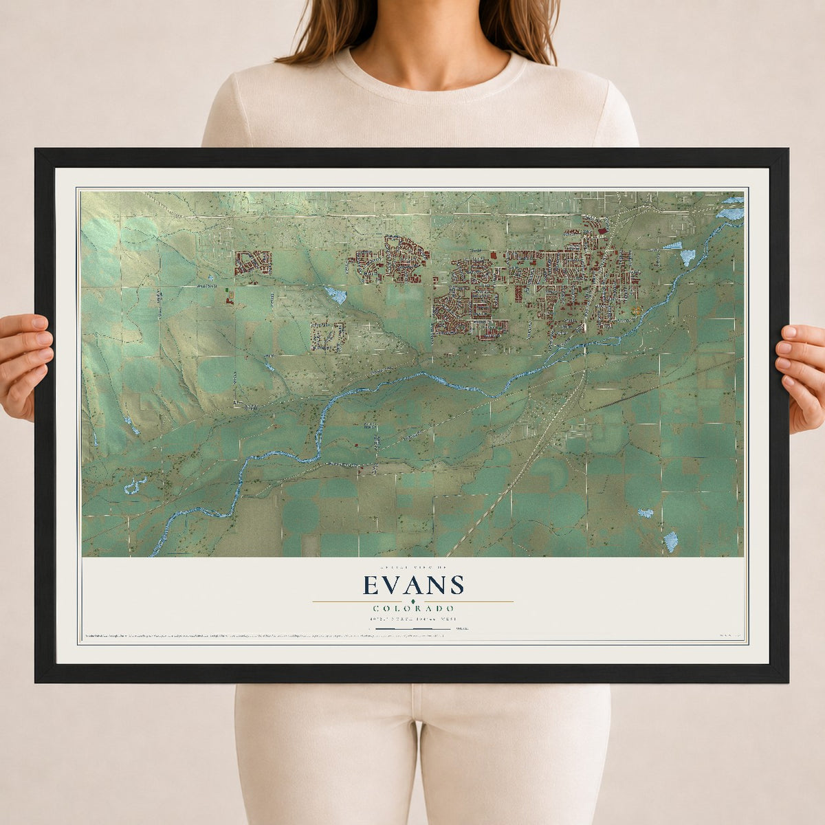 Map of Evans, Colorado, 18 x 24 inch print in a black wood frame