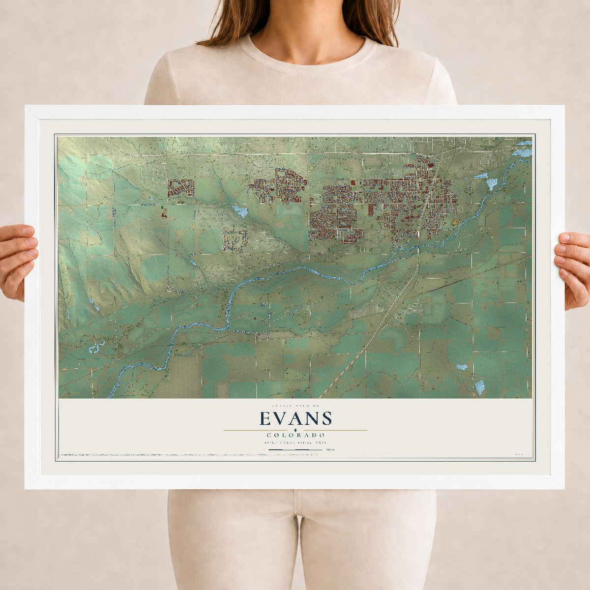 Map of Evans, Colorado, 18 x 24 inch print in a white wood frame