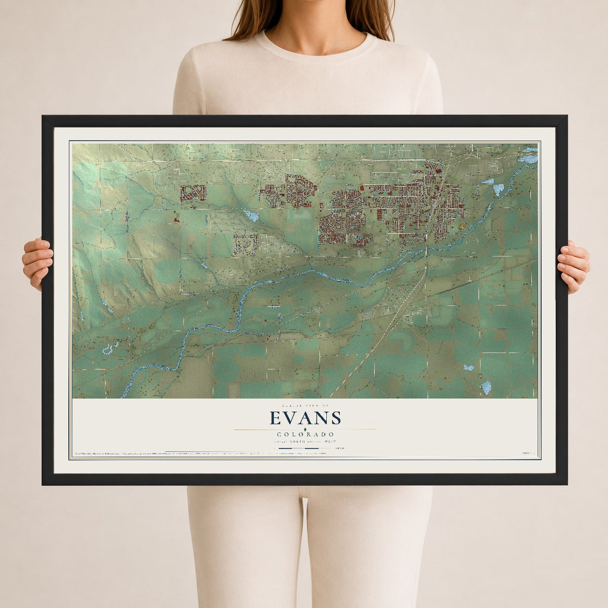 Map of Evans, Colorado, 24 x 36 inch print in a black wood frame