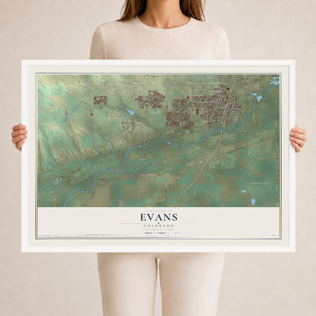 Map of Evans, Colorado, 24 x 36 inch print in a white wood frame