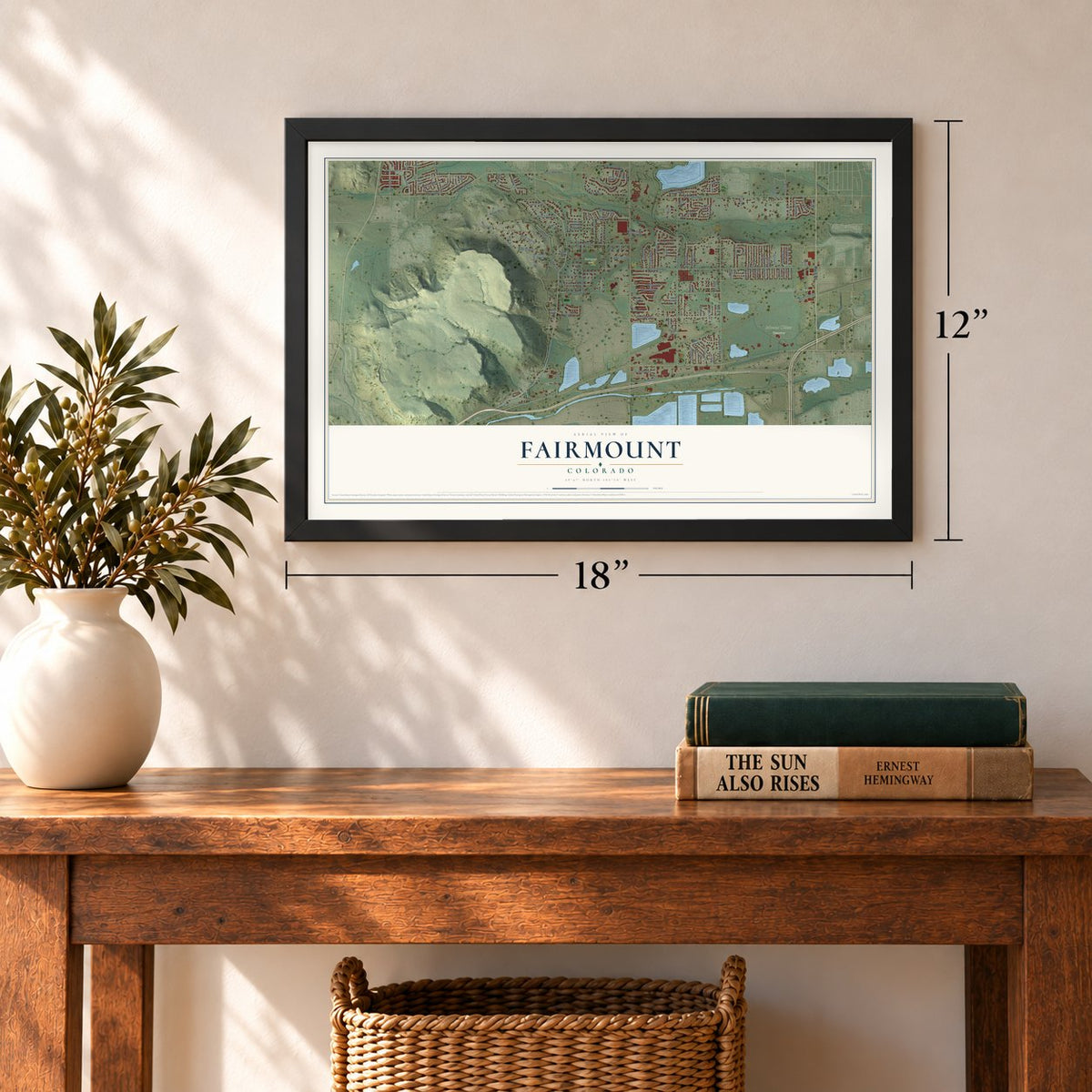 Fairmount, Colorado map, 12 x 18 inch print in a black frame in an entryway
