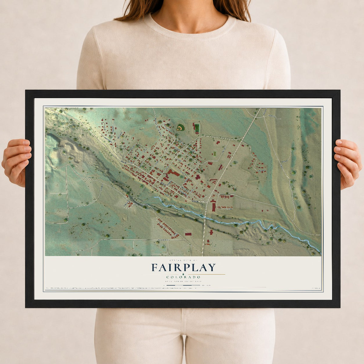 Map of Fairplay, Colorado, 12 x 18 inch print in a black wood frame
