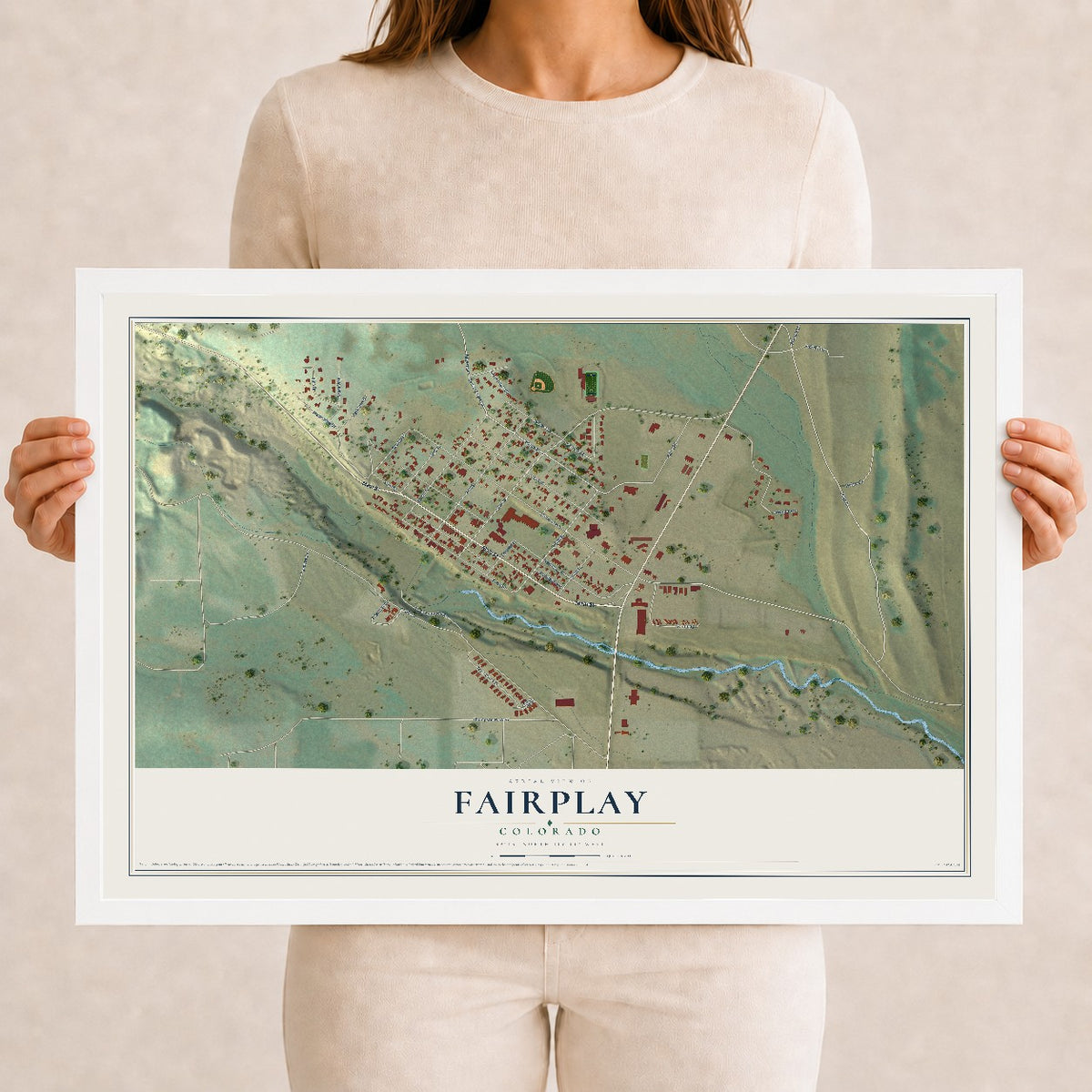 Map of Fairplay, Colorado, 12 x 18 inch print in a white wood frame