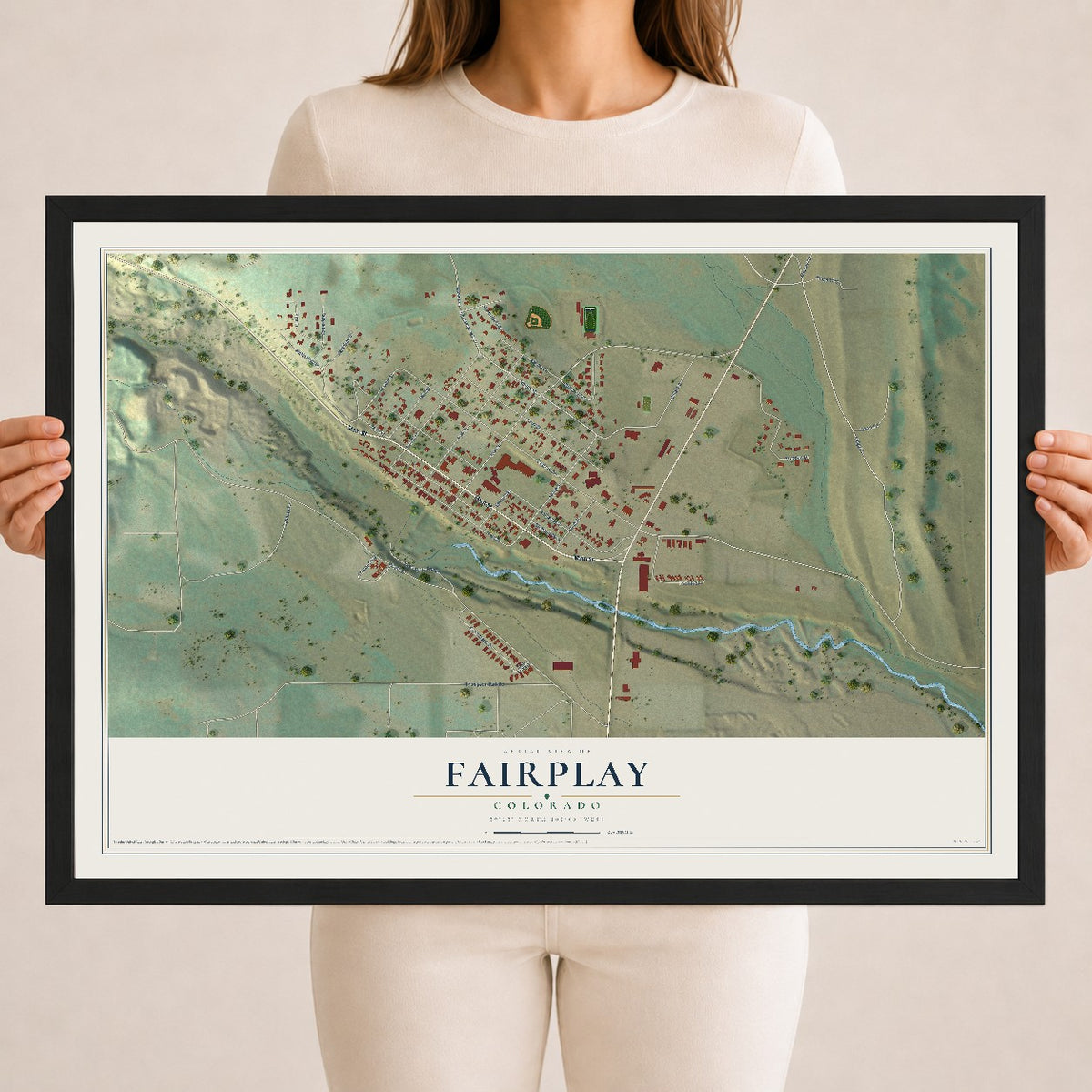 Map of Fairplay, Colorado, 18 x 24 inch print in a black wood frame