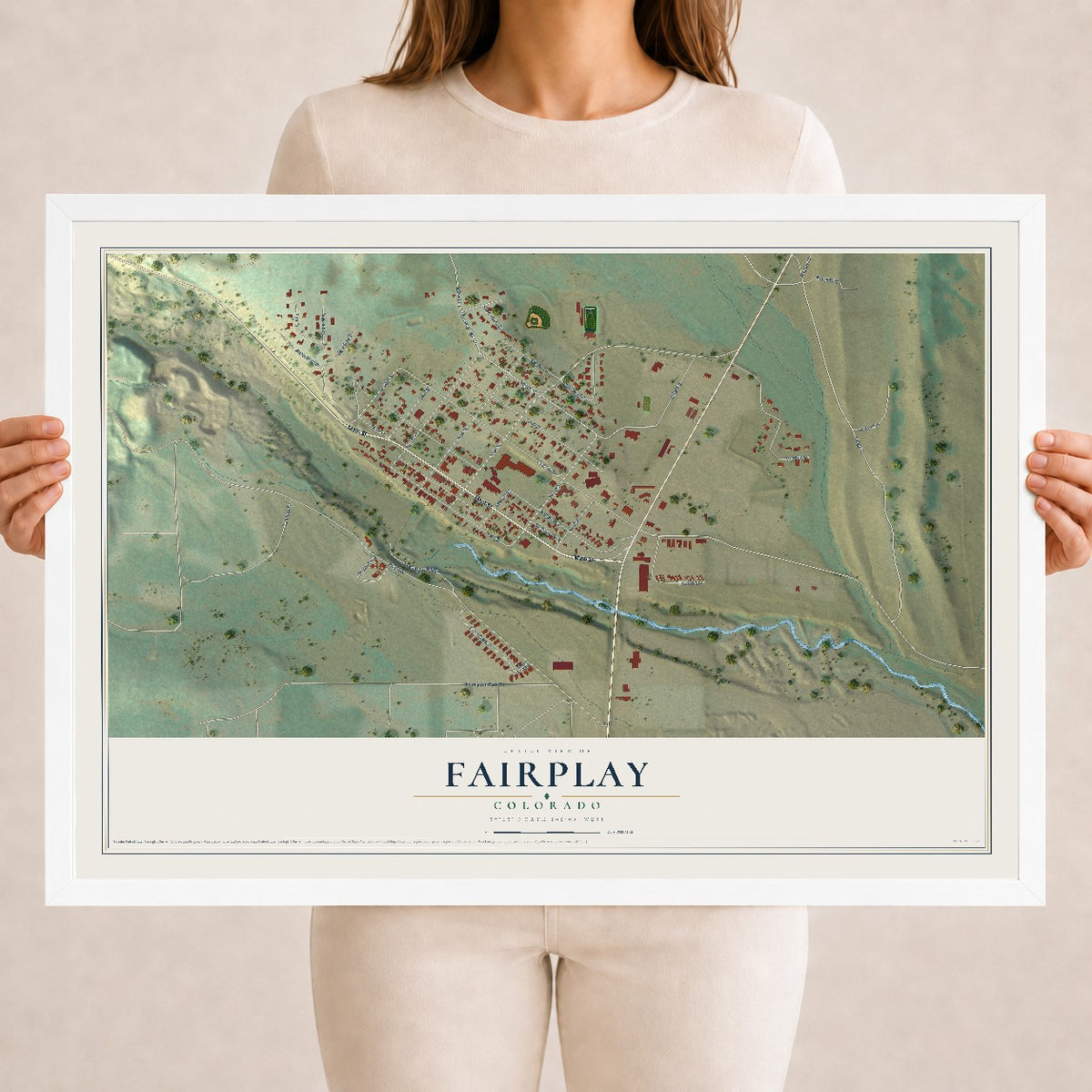 Map of Fairplay, Colorado, 18 x 24 inch print in a white wood frame