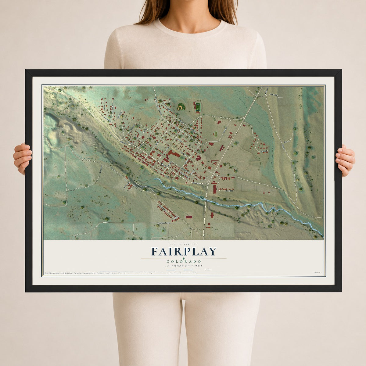 Map of Fairplay, Colorado, 24 x 36 inch print in a black wood frame