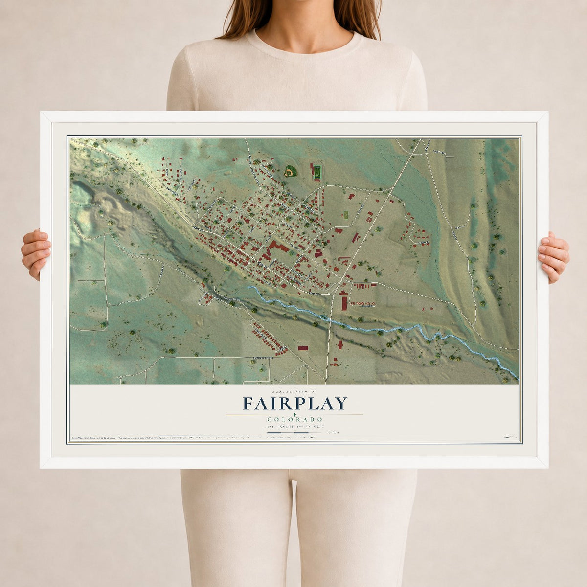 Map of Fairplay, Colorado, 24 x 36 inch print in a white wood frame