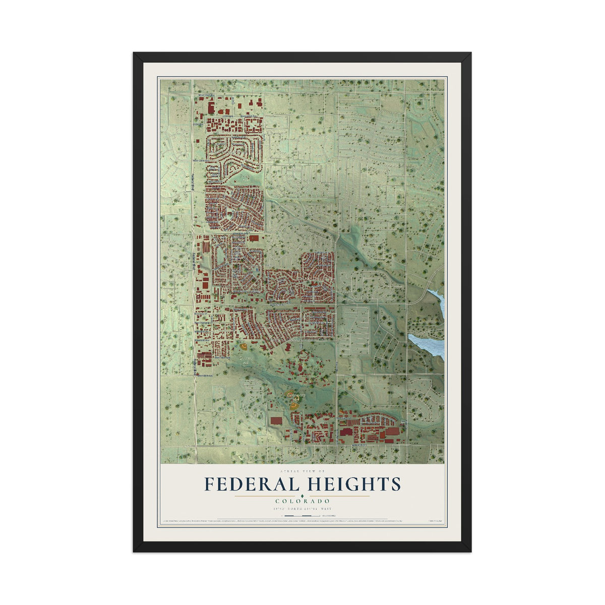 Map of Federal Heights, Colorado, 12 x 18 inch print in a black wood frame