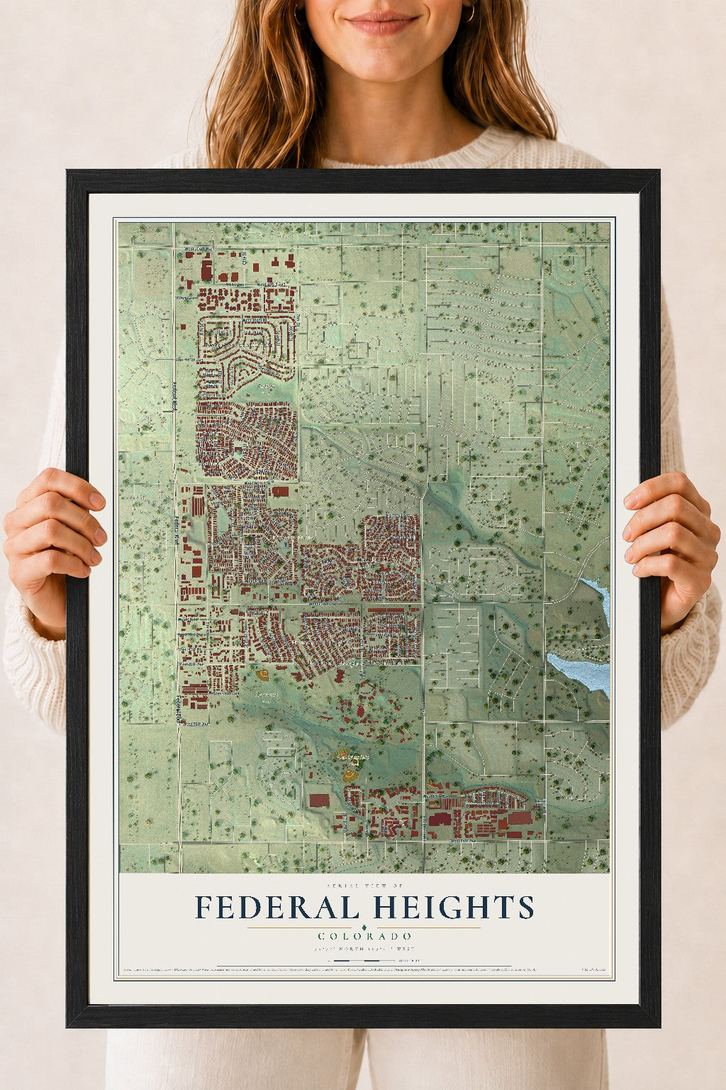 Map of Federal Heights, Colorado, 18 x 24 inch print in a black wood frame