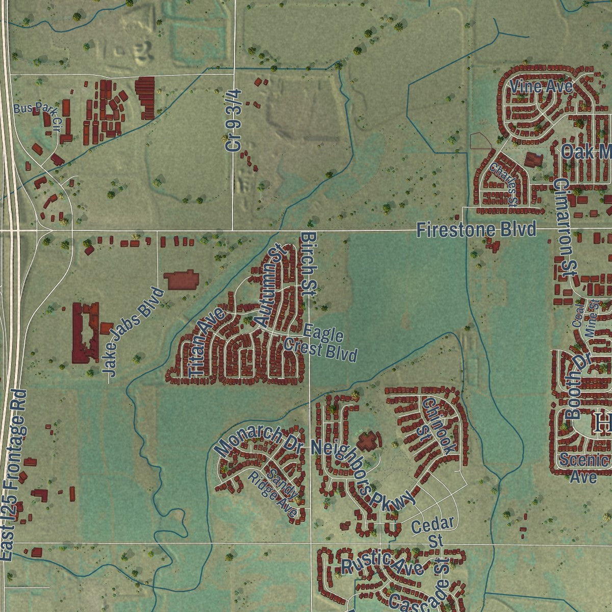 Close-up of the map of Firestone, Colorado print showing street and building detail