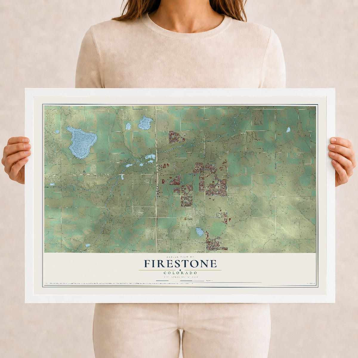 Map of Firestone, Colorado, 12 x 18 inch print in a white wood frame