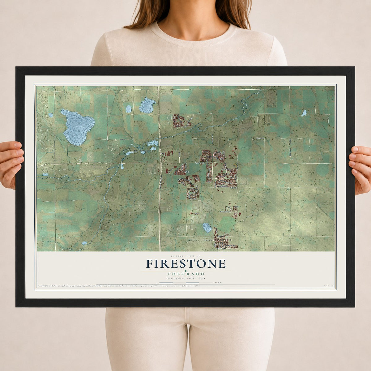 Map of Firestone, Colorado, 18 x 24 inch print in a black wood frame