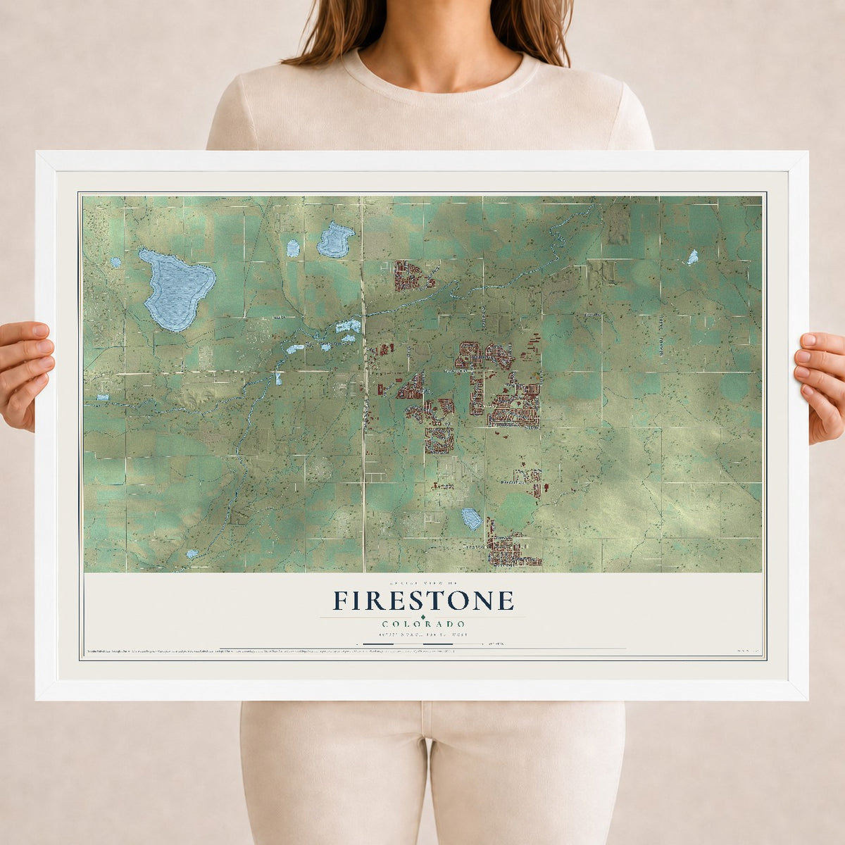 Map of Firestone, Colorado, 18 x 24 inch print in a white wood frame