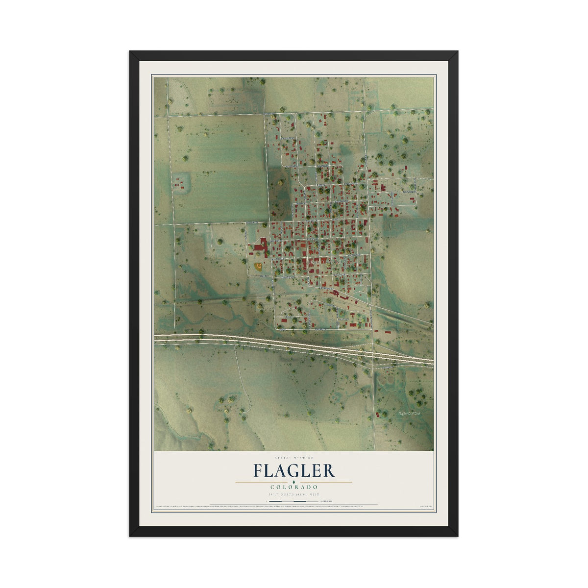 Map of Flagler, Colorado, 12 x 18 inch print in a black wood frame